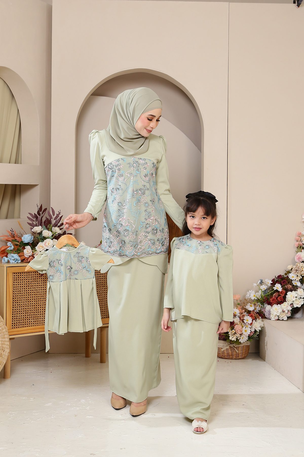 Cempaka Kurung Moden Kids Sage Green